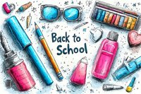 Watercolor sketch of school supplies with sunglasses, pencils, markers and text on white background. Hand drawn educational elements in blue and pink colors.