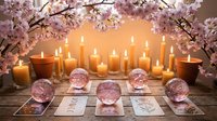 Serene spa meditation setup with pink cherry blossoms, glowing candles, crystal spheres and tarot cards on wooden table creating peaceful ambiance.