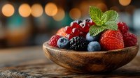 Fresh mixed berries in wooden bowl with mint garnish on rustic table. Healthy organic fruit assortment for breakfast, desserts and culinary presentations.