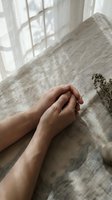 Gentle female hands resting on natural linen fabric with dried flowers and soft window light creating peaceful minimalist composition for wellness and relaxation.