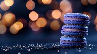 Stack of purple macarons with sparkly sugar decorations against blurred warm bokeh lights background, creating magical festive atmosphere for food photography.