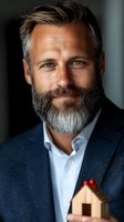 Confident mature Caucasian businessman with gray beard wearing navy blazer and white shirt holds miniature wooden house model, representing real estate expertise.
