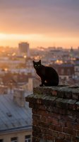 Black cat sitting on brick wall overlooking city skyline at golden hour sunset with warm glowing lights and urban landscape in background.