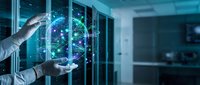 Professional hand holding holographic Earth globe with network connections in modern data center server room for technology and global communication concepts.