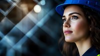 Young Caucasian female construction engineer in blue hard hat looking up confidently against blurred industrial background with bokeh lights. Professional portrait.