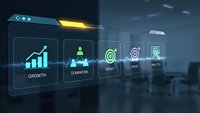 Futuristic holographic business dashboard displaying growth charts, teamwork, target and analytics icons in modern office environment for corporate presentations.