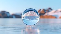 Crystal glass ball on frozen lake surface reflecting inverted mountain landscape at sunset, creative nature photography with refraction effect and soft winter colors.
