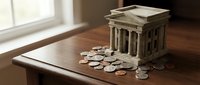 Miniature bank building model with scattered coins on wooden table near window symbolizing financial savings and investment planning concepts.