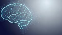 Digital brain with circuit board patterns and glowing connections on gradient background for artificial intelligence and technology concepts.