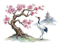 Cherry blossom tree with crane and pagoda on white background, isolated design element for Asian-inspired artwork, textiles, and home decor projects.