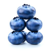Fresh ripe blueberries stacked in pyramid formation on white background, macro shot showing detailed texture and natural blue color. Isolated for food packaging.