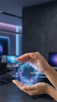 Hands protecting holographic business process cycle with assess, plan, communicate, implement, sustain steps in modern office environment.