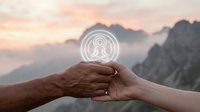 Hands holding glowing meditation symbol over mountain landscape at sunset, spiritual wellness and mindfulness concept for holistic healing practices.