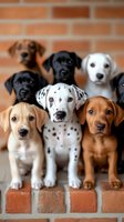 Group of adorable mixed breed puppies sitting together on brick steps against red brick wall background for pet adoption and animal care concepts.