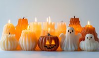 Spooky pumpkin and ghost candles with glowing flames arranged on white surface for seasonal autumn and Halloween decorations and celebrations.
