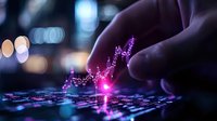 Glowing purple financial chart with trading data visualization and finger touching digital graph display, bokeh lights background for business analytics.