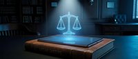 Young male lawyer or legal professional reviewing case files in modern office setting with scales of justice hologram.