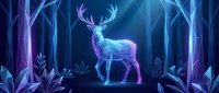Mystical glowing deer with antlers standing in enchanted forest with ethereal blue and purple lighting effects creating magical fantasy atmosphere.