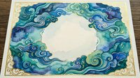 Watercolor ocean waves frame with swirling blue and teal patterns creating decorative border on textured paper background for marine themed designs.