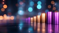 Glowing metallic cylinders in gold and purple colors arranged in ascending order with bokeh light effects on dark reflective surface creating futuristic atmosphere.