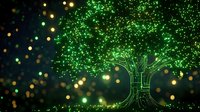 Glowing digital tree with circuit board patterns illuminated in bright green against dark background with bokeh lights, representing technology and nature fusion.