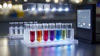 Colorful liquid samples in test tubes arranged in illuminated laboratory rack with digital display monitor. Scientific research and chemical analysis setup.
