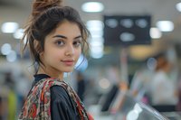 Young South Asian woman with natural makeup and messy bun hairstyle wearing traditional patterned shawl smiles confidently in modern office setting with bokeh lights background.