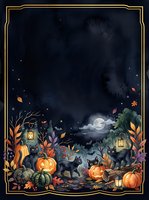 Spooky autumn night scene with black cats, jack-o-lanterns, glowing lanterns, and fall foliage framing a moonlit sky. Perfect for Halloween designs and seasonal projects.