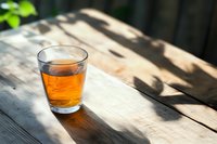 Glass of amber-colored tea on rustic wooden table with natural sunlight casting dramatic shadows through leaves, creating atmospheric morning scene.