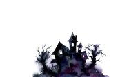 Spooky haunted mansion silhouette with bare twisted trees and purple fog, isolated on white background for Halloween designs and seasonal graphics.