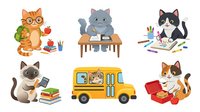 Cartoon cats engaged in various activities including studying, painting, reading and school bus transportation, isolated on white background suitable for educational materials, children's books, classroom decor and learning-related designs.
