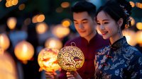 Young Asian couple in traditional dress holding glowing lantern at night festival with bokeh lights creating romantic atmosphere. Celebration of lunar new year.