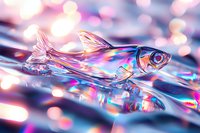 Iridescent glass fish swimming in crystal clear water with pink and purple bokeh lights creating magical underwater atmosphere and reflections.