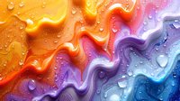 Vibrant diagonal waves in orange, pink, purple and blue with water droplets creating dynamic abstract pattern. Macro photography of colorful liquid surface.