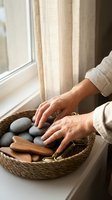 Woman hands touching smooth stones in wicker basket by window for spa wellness meditation and mindfulness relaxation therapy at home.