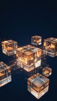 Glowing transparent cubes with digital data visualization and network connections floating in dark space representing blockchain technology and data analytics.