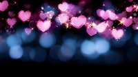 Glowing pink heart shapes with sparkles floating against dark blue bokeh background, romantic Valentine's Day design element for greeting cards and social media.