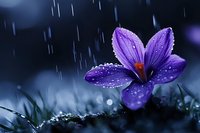 Purple crocus flower blooming in spring rain with water droplets on petals against dark blue background for nature and seasonal concepts.