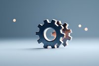 Metallic gear wheels on light background with soft shadows and bokeh effects create industrial minimalist composition for business and engineering concepts.
