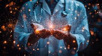 Magical glowing sparkles float between hands in mystical blue atmosphere with orange light particles creating supernatural healing energy effect.
