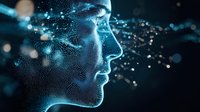 Digital particle profile in glowing blue tones showing artificial intelligence concept with dots and connections forming facial features against dark background.