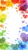 Colorful watercolor hearts in rainbow hues creating a frame border on white background, perfect for romantic greeting cards or invitations.