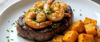 Grilled beef steak topped with garlic butter shrimp, served with roasted sweet potato cubes and fresh herbs on white plate.