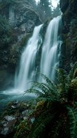 Cascading waterfall flowing through rocky canyon with lush fern vegetation in foreground, misty forest environment, nature landscape for travel and environmental design projects.
