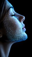 Side profile of young woman with glowing blue particle effect makeup on dark background, creating ethereal luminescent pattern on skin. Artistic beauty concept.