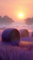 Misty sunrise over rural field with hay bales among golden grass, purple morning light creates dreamy atmosphere, trees silhouetted against orange sky.