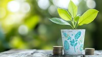 Young green plant growing in decorative pot with blue leaf pattern next to stacked coins against blurred natural background, representing financial growth and investment.