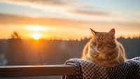 Orange tabby cat relaxing on blanket during golden hour sunset with warm lighting and peaceful outdoor setting for pet lifestyle content.