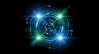 Futuristic digital radar interface with glowing cyan circles and data elements on dark background for technology and sci-fi projects.