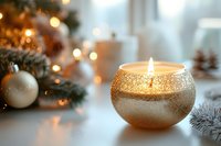 Glowing golden candle in sparkly round holder with festive Christmas decorations, pine branches, and white ornaments creating cozy holiday atmosphere with bokeh lights.